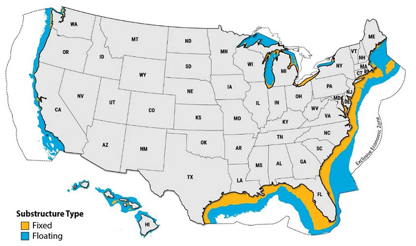 map of us showing where certain types of offshore platforms are used